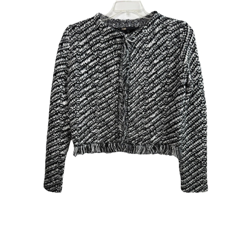 Maje Mask Metallic Boucle' Knit Cardigan Sweater Size 1 Small Black White Fringe